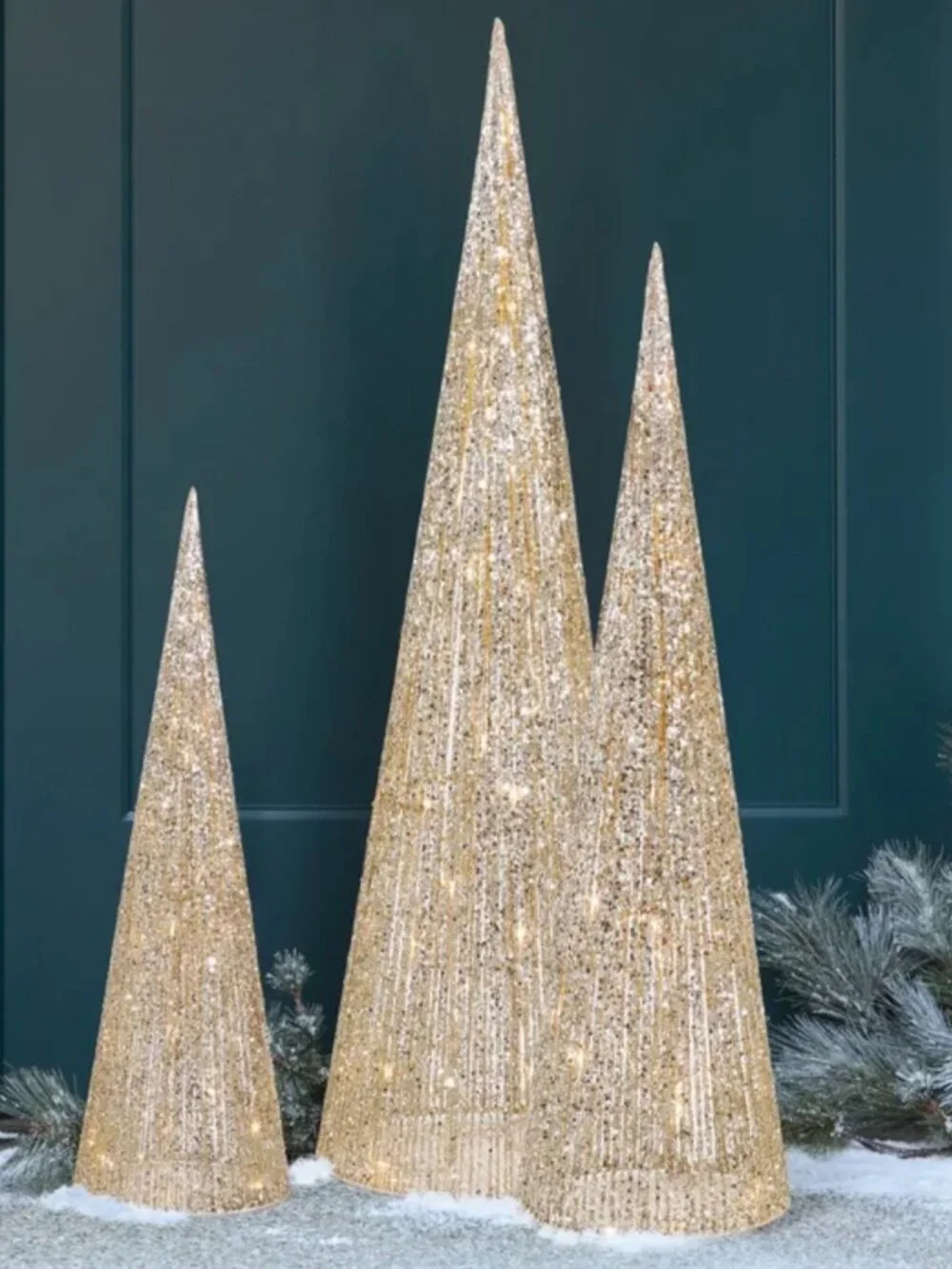 🎄 Holiday Living Gold LED Cone Christmas Trees Set 3 Light Color Change Indoor